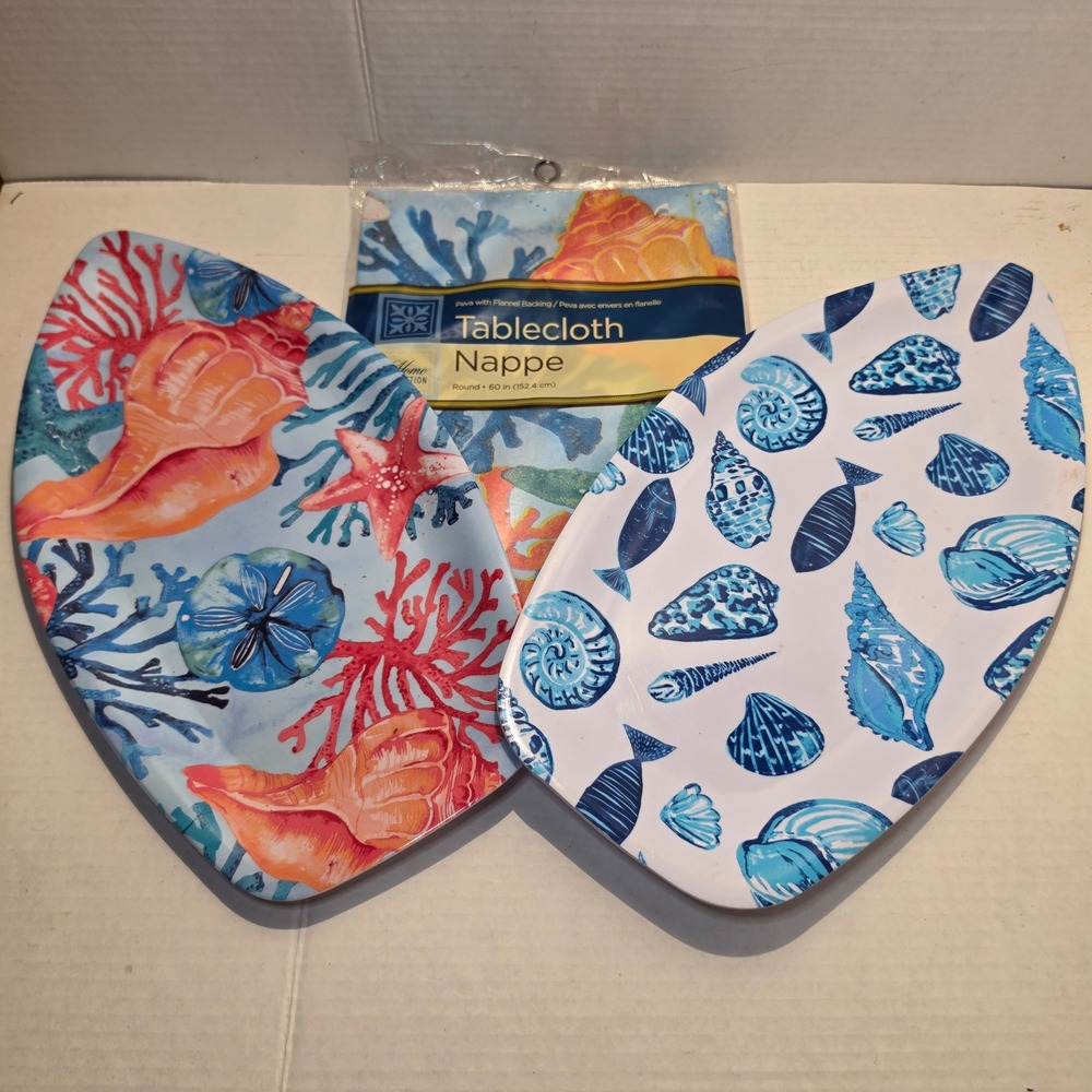 Coastal Tablecloth and 2 Melamine Tray Set Beach Coral Seashell Nautical Decor